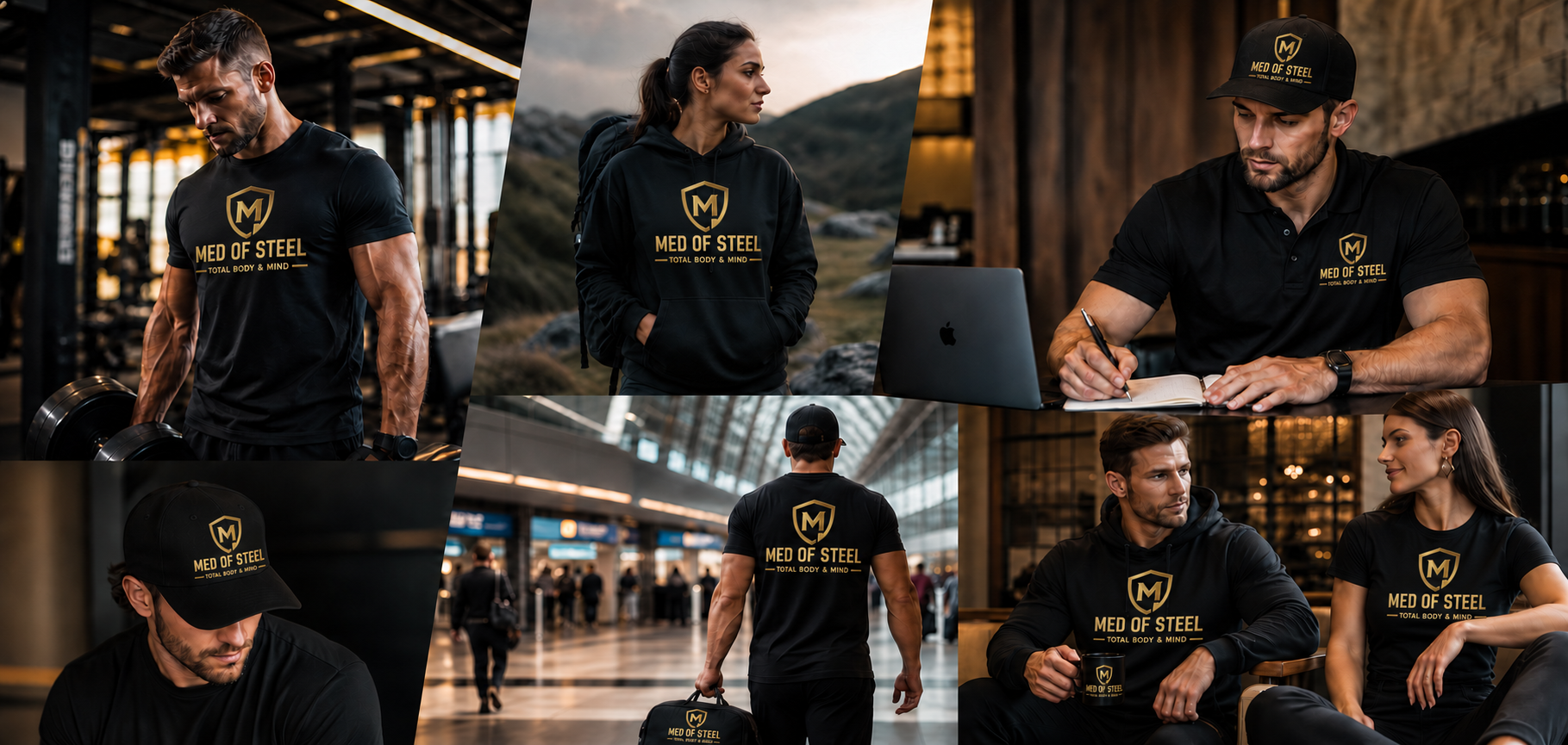 Adults wearing black MED OF STEEL shirts, hoodies, and caps with the gold shield logo