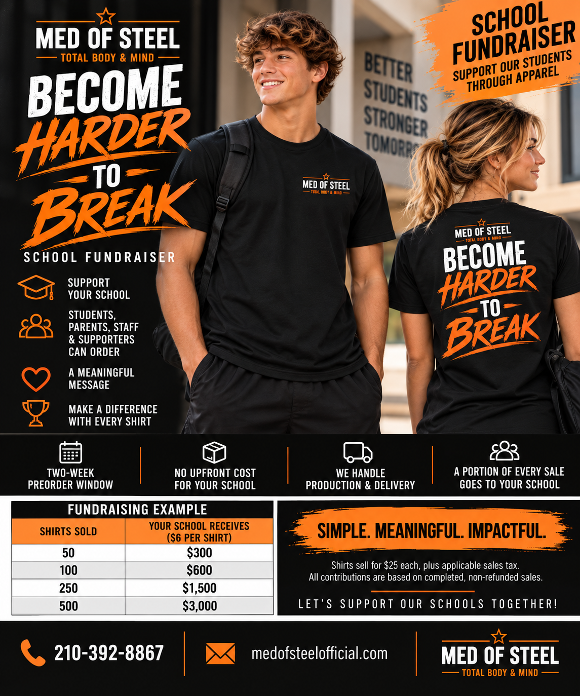 MED OF STEEL fundraising shirt design shown on models: small orange-and-white MED OF STEEL front logo and full Become Harder to Break message on the back.